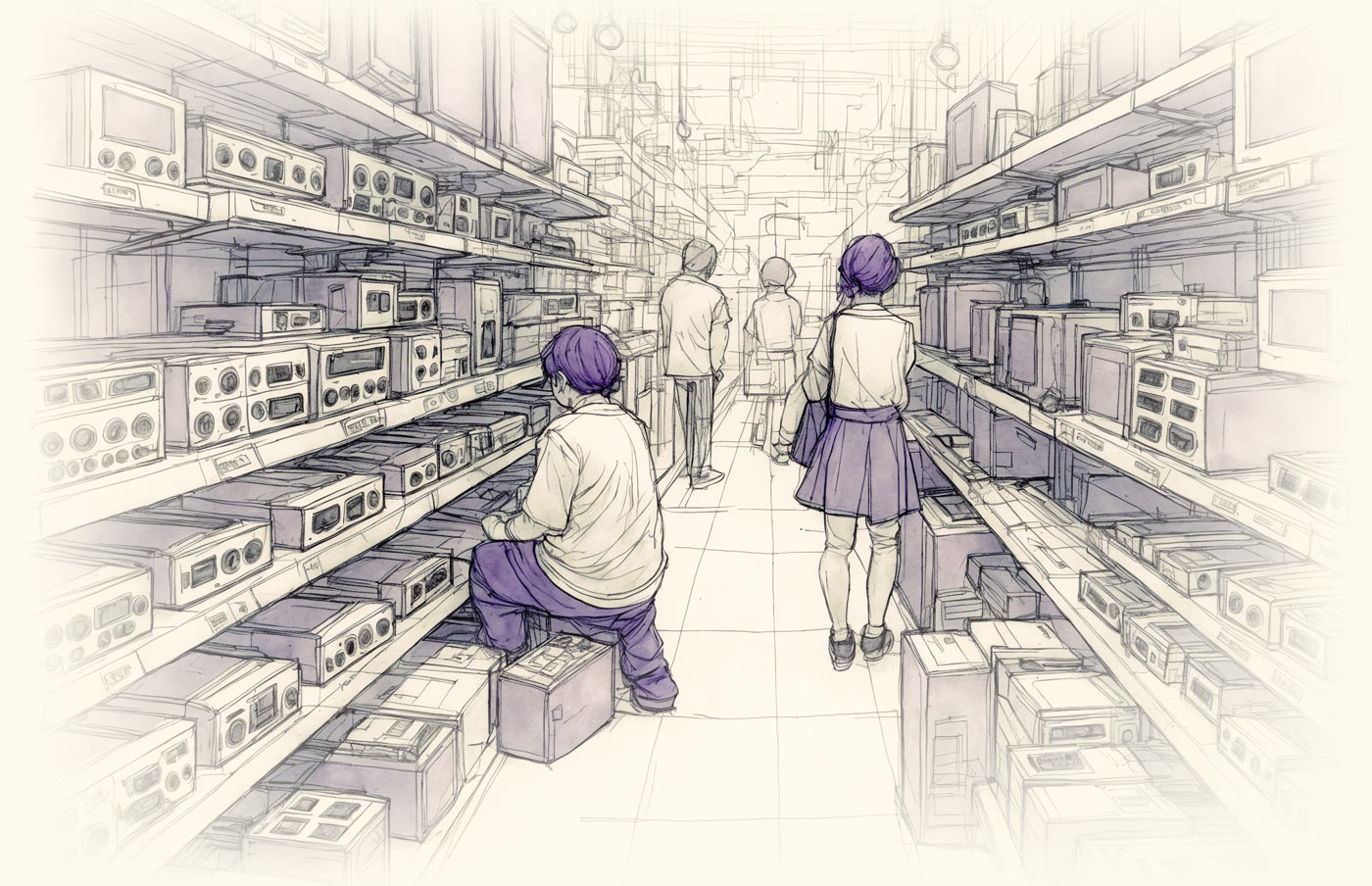 Sketch of an electronics store aisle with customers and shelves lined with various vintage electronic devices, capturing Akihabara's Electric Town ambiance.