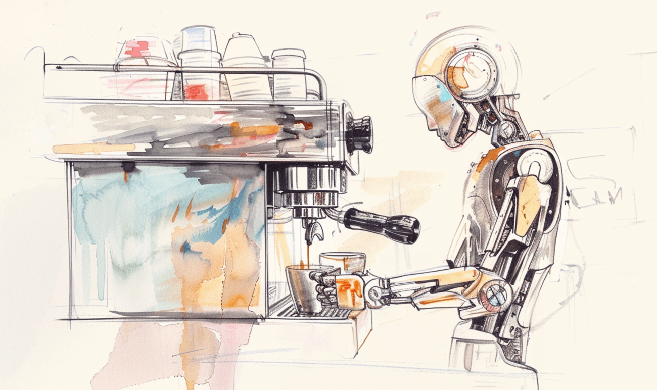 Humanoid robot using a normal espresso machine; watercolor sketch (AI generated sketch, ironically)